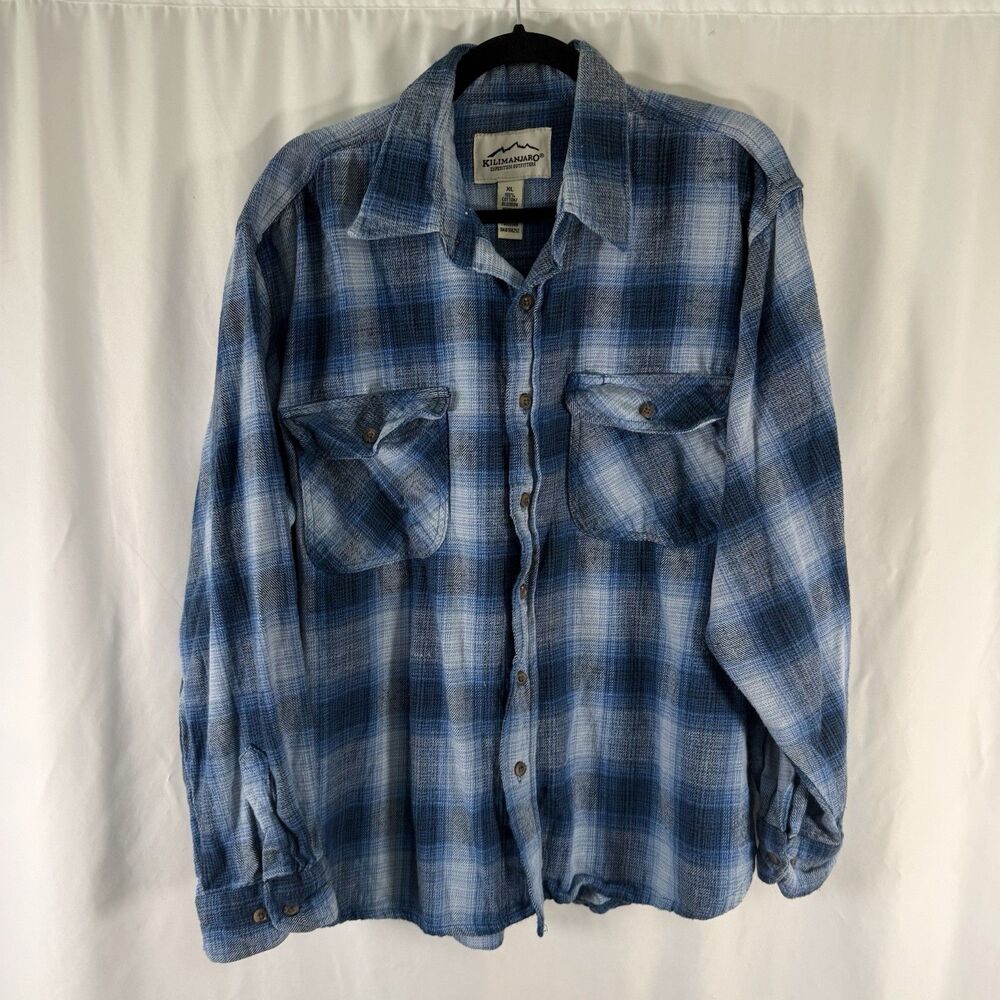 Kilimanjaro Flannel Shirt Men's XL Blue Plaid Button Down Long Sleeve Pockets